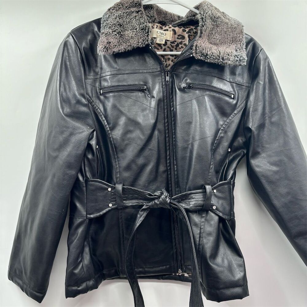 Girls Black Faux Leather Jacket XL Furry Collar Chic Casual Style